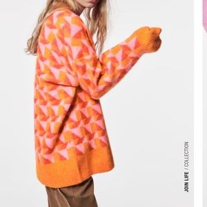 Pink & Orange Geometric Jacquard Cardigan